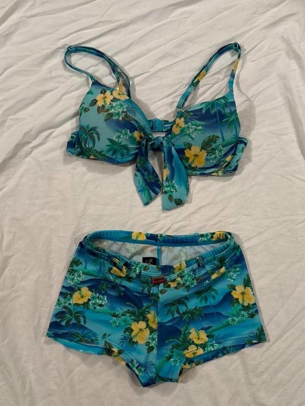 Blue Tropical Floral Tie-Front Bikini Top & Swim Shorts